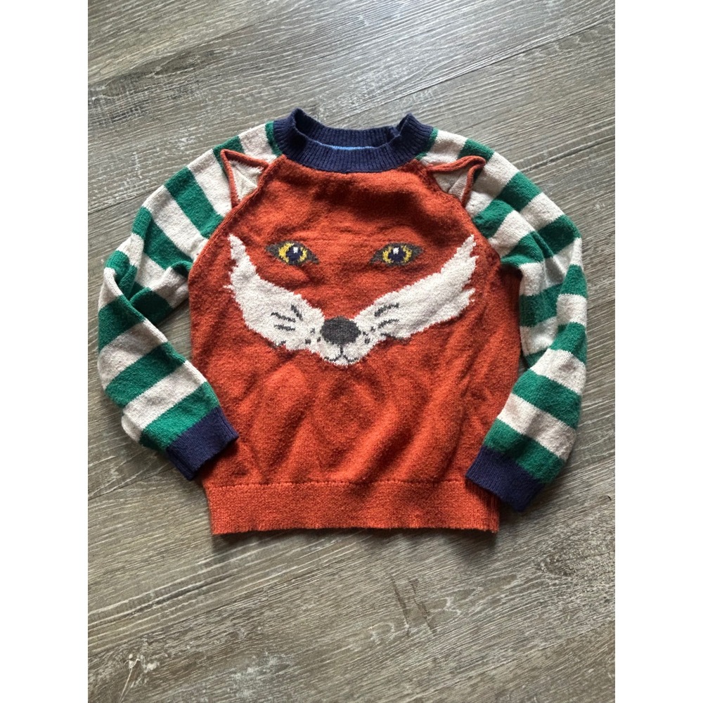 Cc4 Mini Boden Kids Orange Fox Face‎ Intarsia Knit Sweater Striped Sleeves 4-5Y